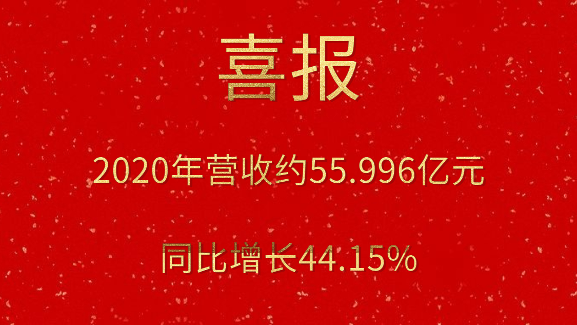 喜报！2020年营收约55.996亿元，，，，，同比增添44.15%